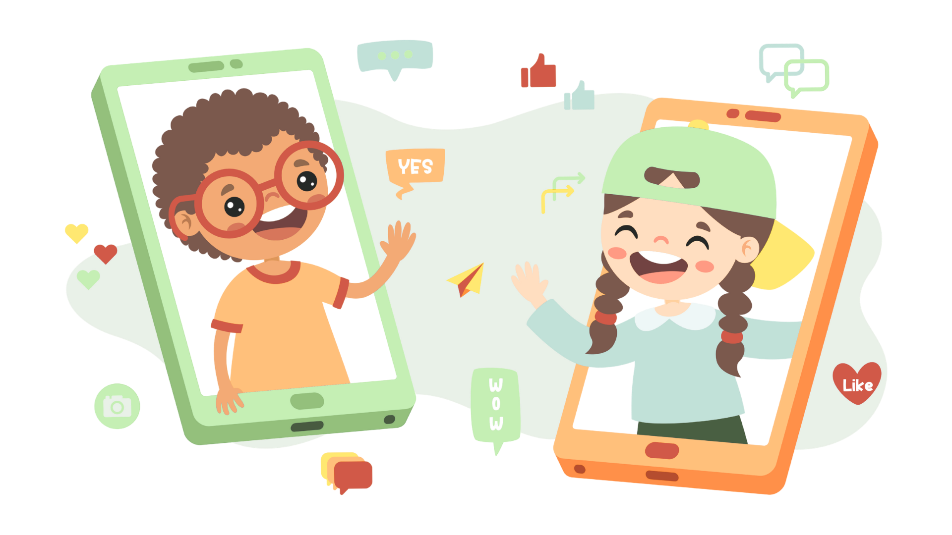 Illustration of two kids waving and cheering from phone screens, surrounded by chat bubbles and like icons
