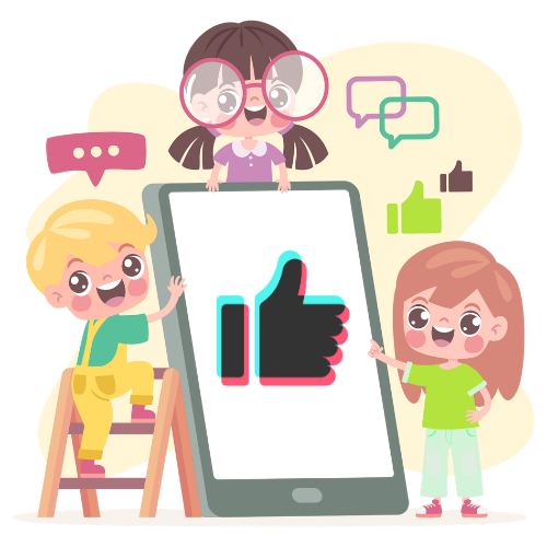 Illustration of a child popping out of a phone screen, surrounded by chat bubbles, a heart, and a like icon