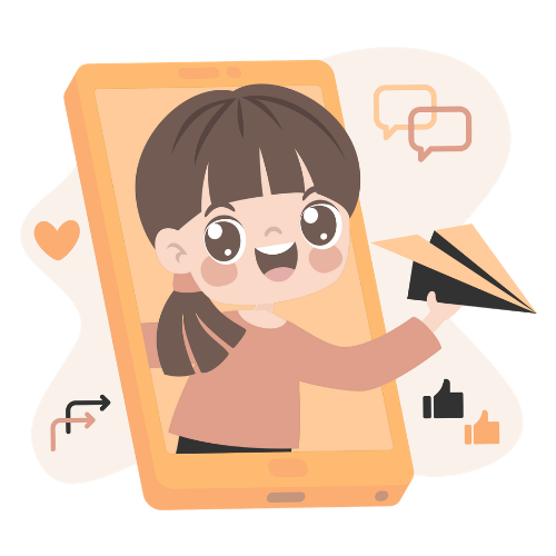 Illustration of a child popping out of a phone screen, surrounded by chat bubbles, a heart, and a like icon